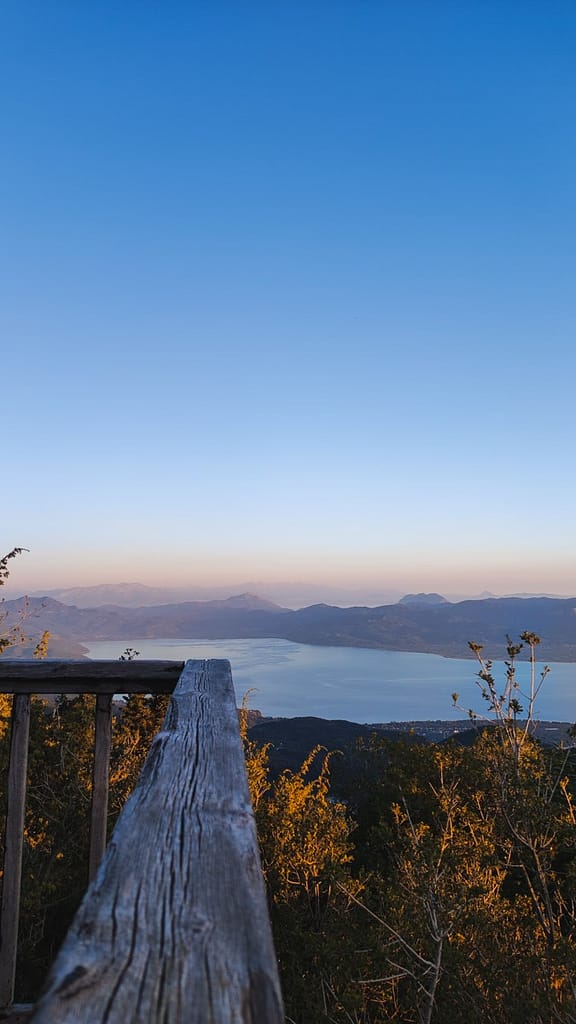 The view of Lake Trichonida from the mountain shelter of EOS Agriniou.